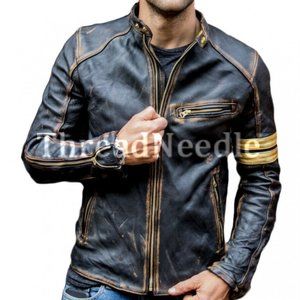 THREADNEEDLE Men’s Black Biker Vintage Motorcycle Distressed Cafe Racer Leather